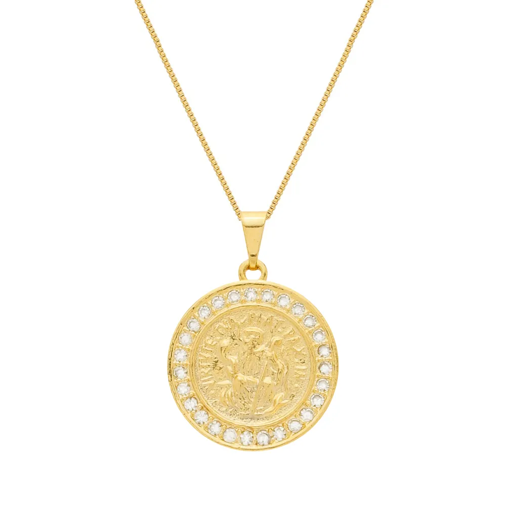 Colar Dourado Medalha São Miguel Arcanjo Cravejado de Zircônia